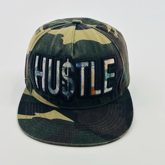 HUSTLE Camo Hat Cap SnapBack Script One Size Adjustable Top Level A Frame - Picture 1 of 5